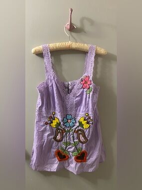 Joystick Lavender Embroidered Floral & Bird Top
